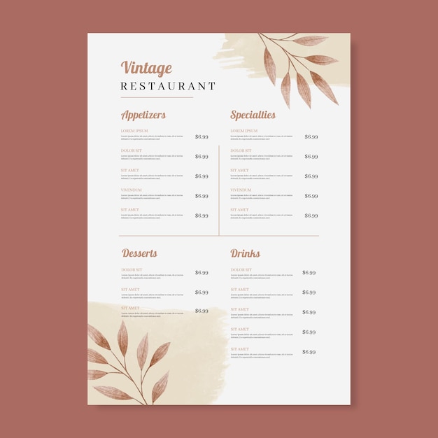 Free Vector | Hand painted watercolor rustic restaurant menu template