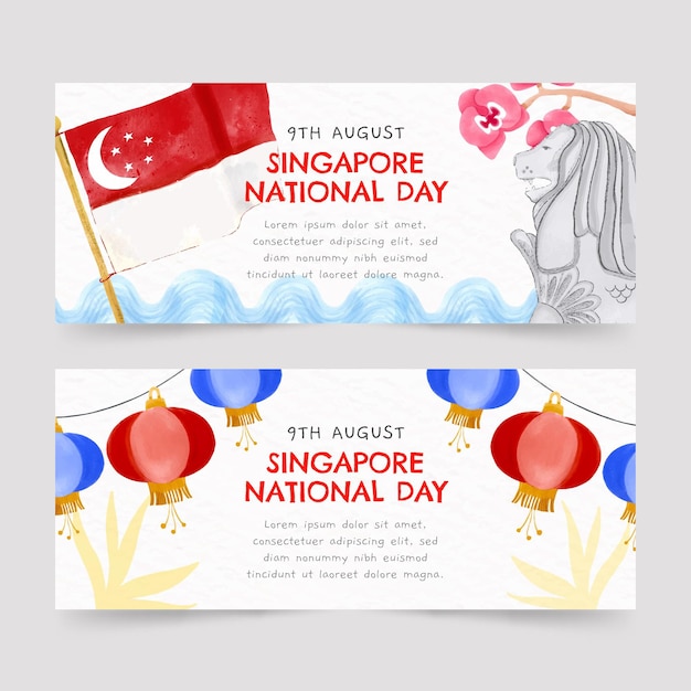 Free Vector Hand Painted Watercolor Singapore National Day Banners Set