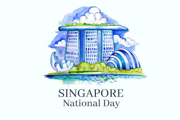 手描きの水彩画のシンガポール建国記念日イラスト 無料のベクター