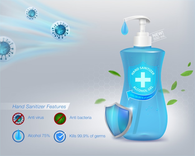 Hand sanitizer gel 75% alcohol component, kills up to 99.99% of viruses covid-19, bacteria and germs