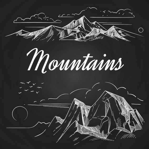 Hand sketched mountains landscapes on blackboard Premium Vector