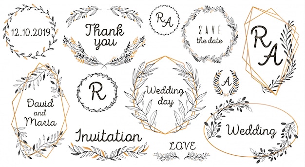 Hand sketched vector vintage elements: wreath, leaves, frame. Premium Vector