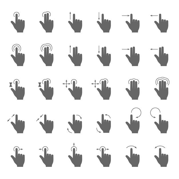 Hand swipe and drag gesture vector icons with touching action arrows for touch screen device Premium Vector