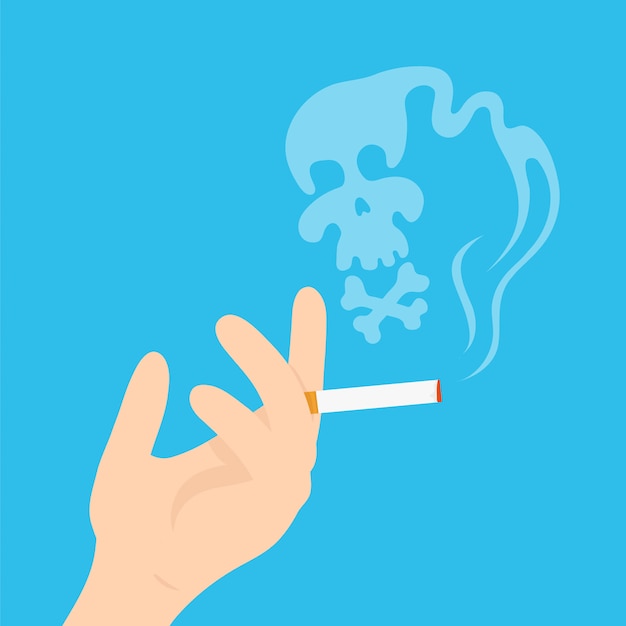 プレミアムベクター タバコを持つ手 モダンなフラットスタイルの漫画キャライラスト 青色の背景に分離されました タバコを持つ手 喫煙を殺す 頭蓋骨の煙