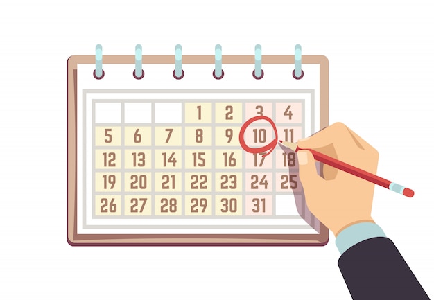 Hand with pen marks date in calendar. deadline and important events vector concept Premium Vector