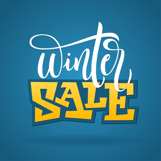 手書きの冬のフレーズ ウィンターセール 青色の背景にタイポグラフィポスター バナー チラシ パンフレット 広告のイラスト プレミアムベクター