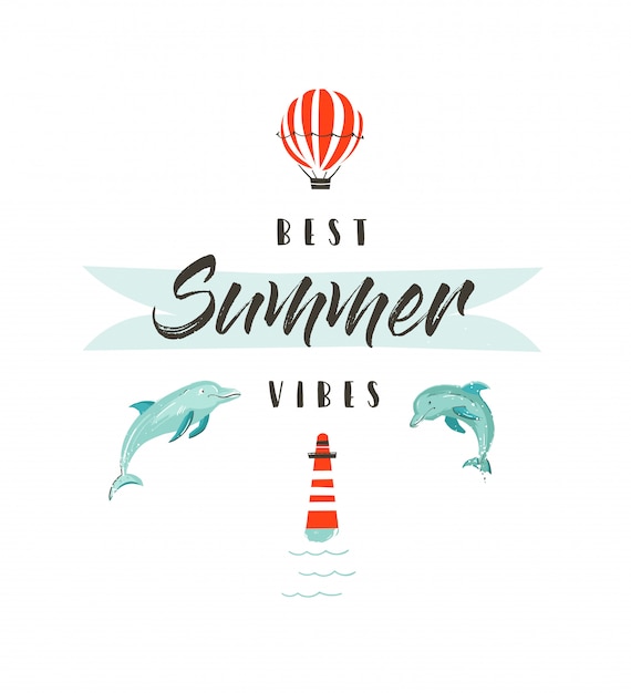 プレミアムベクター 手描きの抽象的な夏の時間楽しいイラストロゴタイプまたはイルカ 熱気球 灯台 モダンなタイポグラフィで署名は白い背景の上の最高の夏の雰囲気を引用します