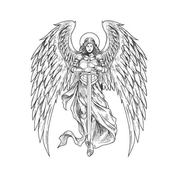 Premium Vector | Handdrawn angels bringing sword