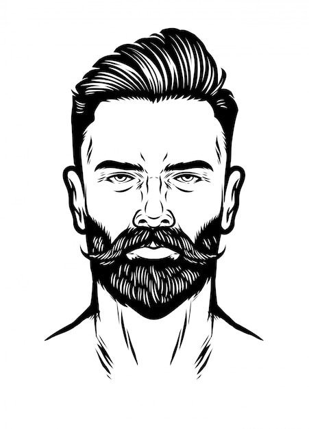 Handdrawn man head with beard and pompadour hairstyle Premium Vector