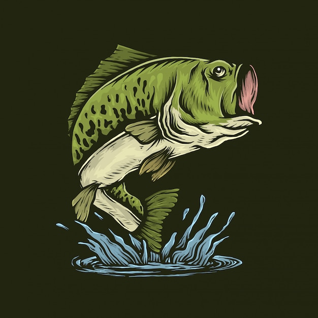 Download Handdrawn vintage bass fish jumping vector illustration Vector | Premium Download