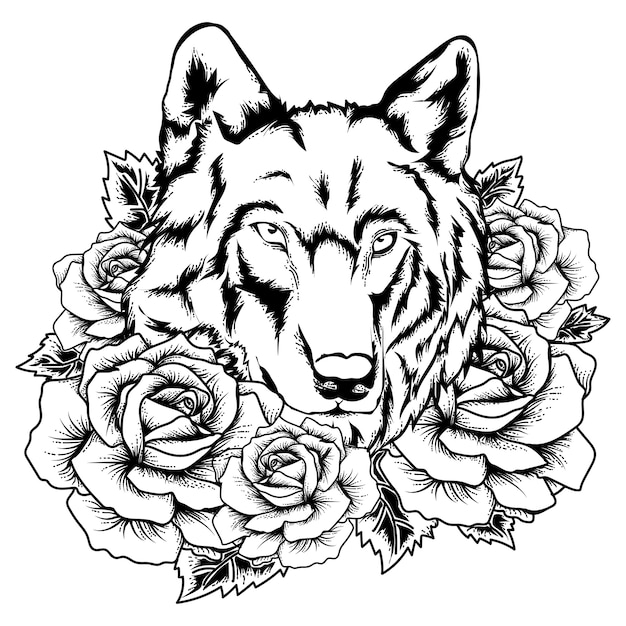 バラと手描きのオオカミ プレミアムベクター