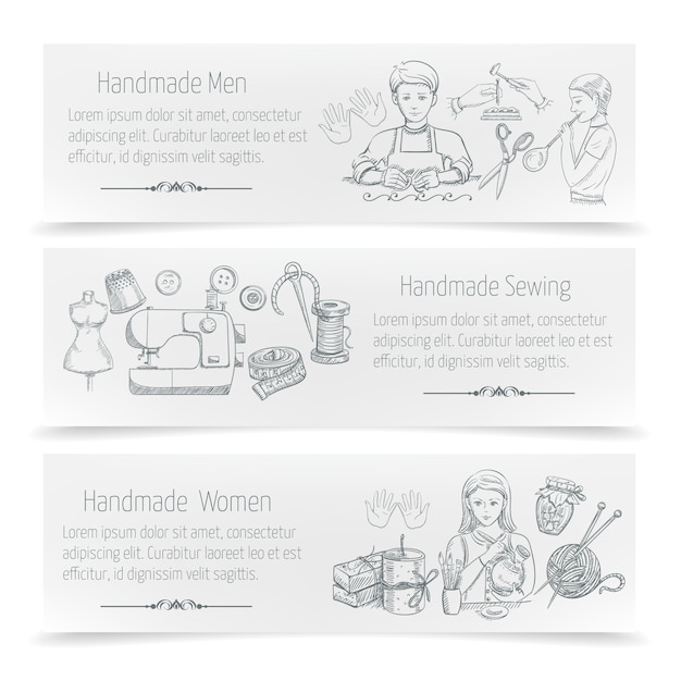 Handmade horizontal banner set with hand drawn sewing elements Free Vector