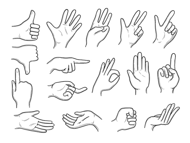 手の落書き 表現ジェスチャー人間の手を振るベクトル手描きスタイルを指しています 人間のジェスチャー表現手 親指 手のひらイラスト プレミアムベクター