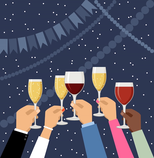 Premium Vector Hands Holding Champagne And Wine Glasses Celebrating