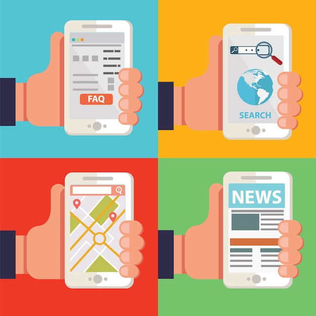 Hands holding smartphones with different apps, news, faq, navigation browser Premium Vector