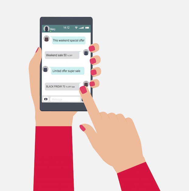 Hands holds mobile phone with messaging in app. Premium Vector