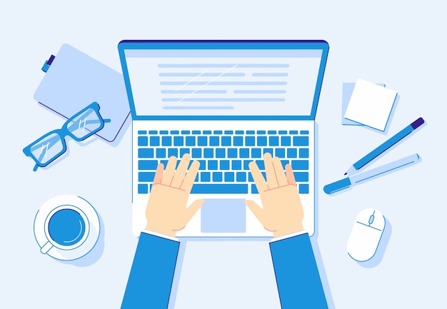 Hands on laptop. computer work, business worker typing on notebook keyboard and office workplace  illustration Premium Vector