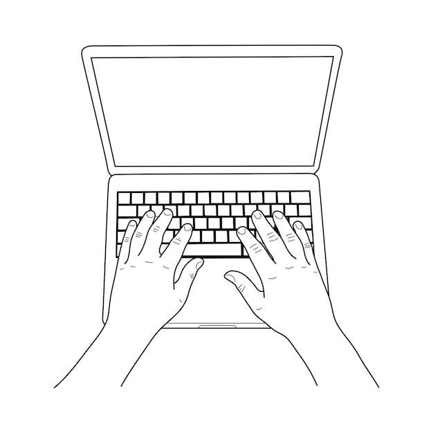 ノートパソコンのキーボードを手に 上から見る 白い背景の上の線画スタイルの手描きイラスト プレミアムベクター