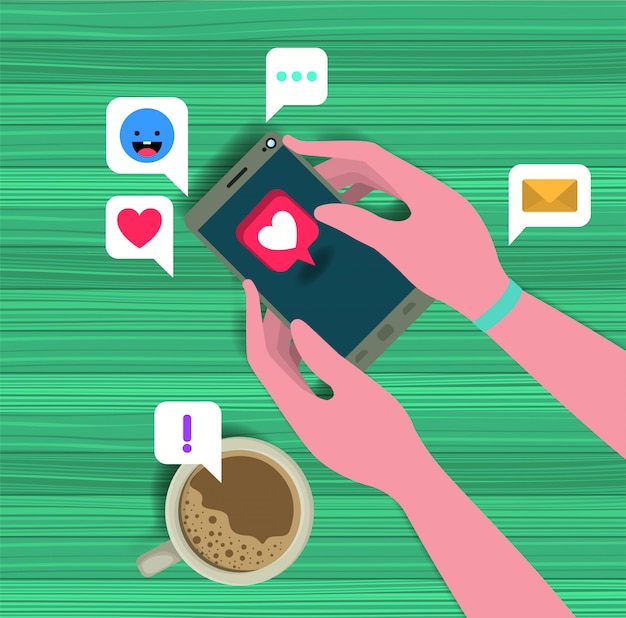 Hands using smartphone with coffee cup and social icons Premium Vector
