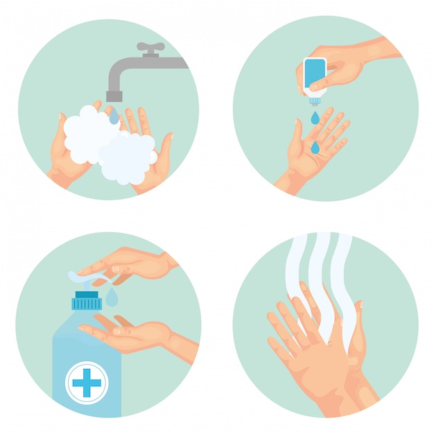 消毒剤を使用した手洗いテクニック きれいな抗菌および衛生テーマのイラストを消毒します プレミアムベクター