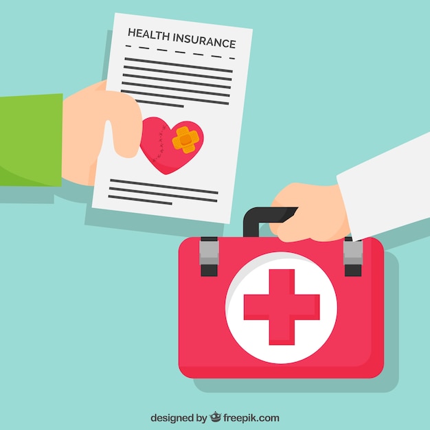 Hands with health insurance's document and
first aid kit