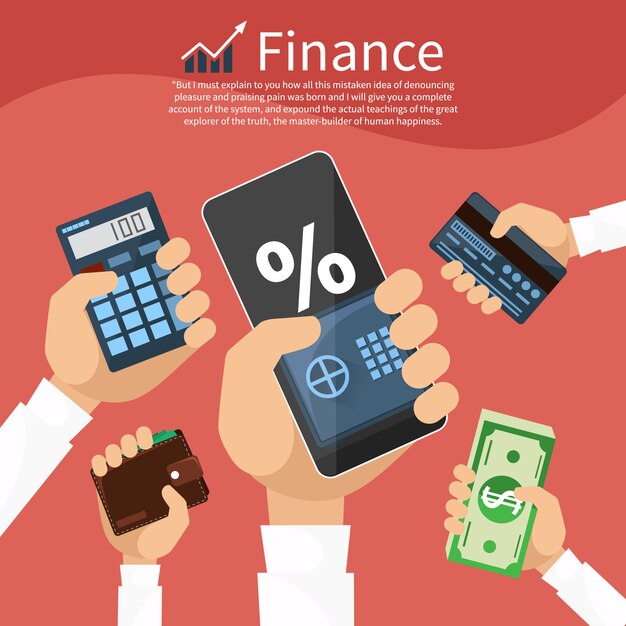 Hands with various business elements such as safe, purse, calculator with stock graph Premium Vector