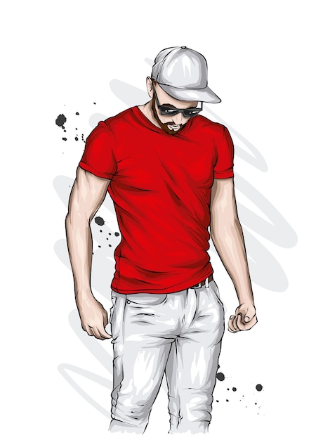 Handsome athletic guy in stylish tshirt and cap Premium Vector