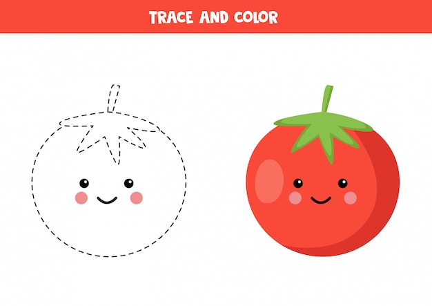 子供のための手書きの練習 赤いトマトをトレースし それを着色します プレミアムベクター