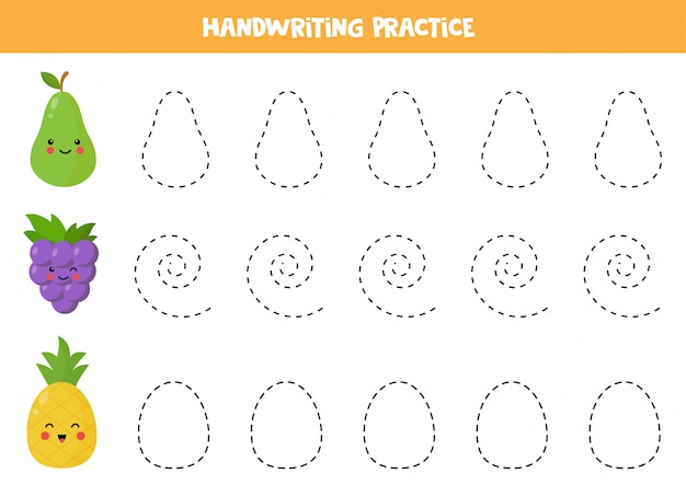 かわいい梨 ぶどう パイナップルを使った手書き練習 プレミアムベクター