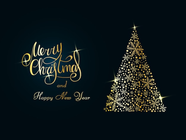 Magic Of Christmas 2022 Premium Vector | Handwritten Golden Lettering On A Dark Blue Background.  Magic Golden Christmas Tree Of Snowflakes. Merry Christmas And Happy New  Year 2022.