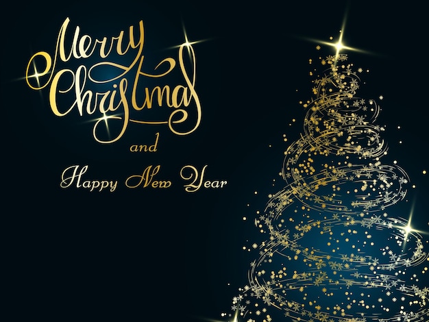 Christmas Magic 2022 Premium Vector | Handwritten Golden Lettering On A Dark Blue Background.  Magic Golden Christmas Tree Of Snowflakes And Snowstorms. Merry Christmas  And Happy New Year 2022.