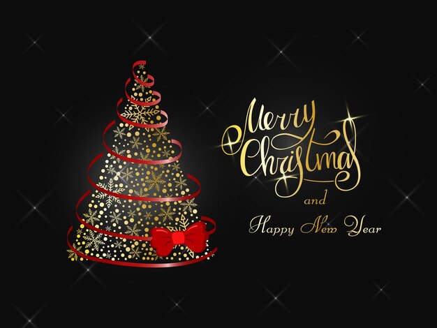 Lush Christmas 2022 Premium Vector | Handwritten Golden Lettering On A Dark Gray Background.  Magic Lush Golden Christmas Tree Of Snowflakes With A Red Ribbon And A Bow.  Merry Christmas And Happy New Year 2022.