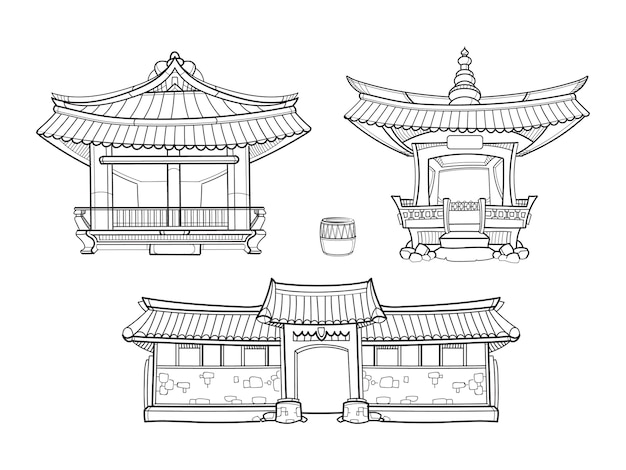 韓屋韓国伝統建築ベクトルアウトラインセット パレスハウス 建築アジアの村の文化 アジアの家のイラスト 無料のベクター