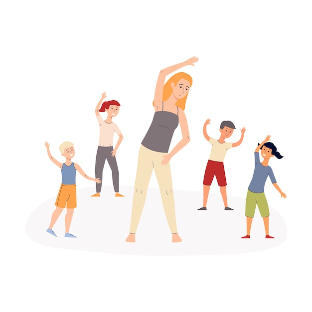小学校や幼稚園の先生 白い背景のイラストで朝の体操をやっている幸せなアクティブな子供たちのグループ プレミアムベクター