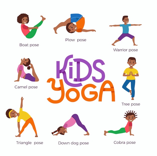 Premium Vector | Happy african kids in different yoga poses