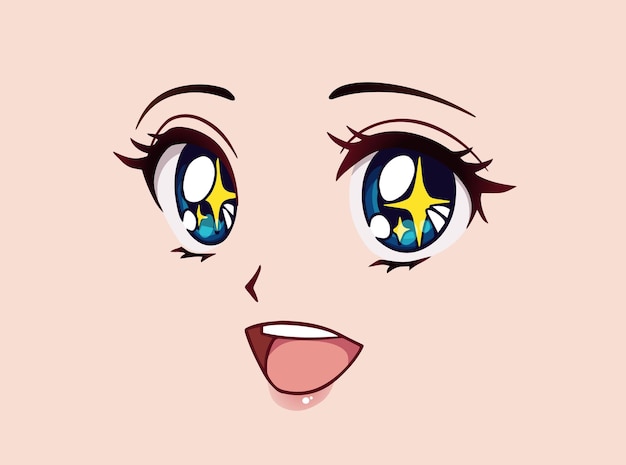 幸せなアニメの顔 マンガ風の大きな青い目 小さな鼻 大きなカワイイ口 彼女の目には黄色が輝いています 手描きイラスト プレミアムベクター