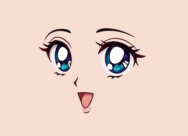 幸せなアニメの顔 マンガ風の大きな青い目 小さな鼻 かわいい口 手描きイラスト プレミアムベクター