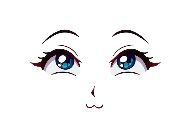 プレミアムベクター 幸せなアニメの顔 マンガ風の大きな青い目 小さな鼻 かわいい口 手描きイラスト