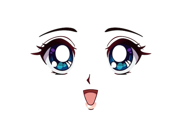 幸せなアニメの顔 マンガ風の大きな青い目 小さな鼻 そしてカワイイ口 手描きイラスト プレミアムベクター