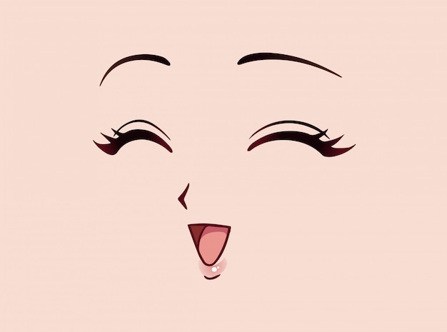 Happy anime face. manga style closed eyes, little nose and kawaii mouth. hand drawn vector ...