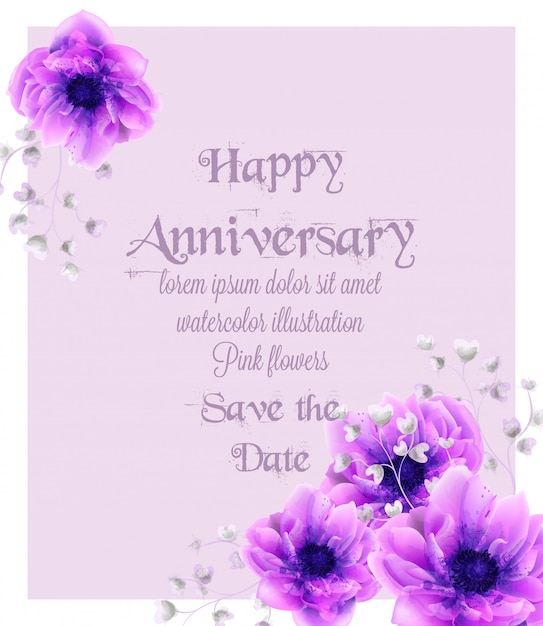 Premium Vector Happy Anniversary Card With Pink Flowers Watercolor