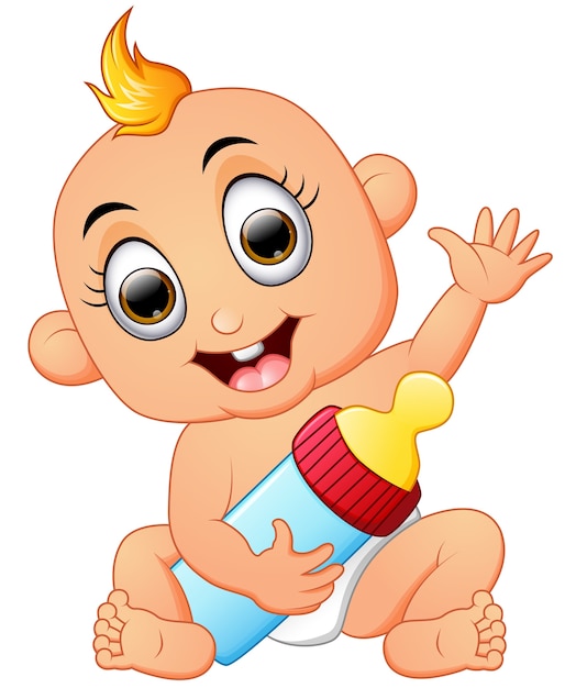 Download Happy baby cartoon holding milk bottle Vector | Premium ...