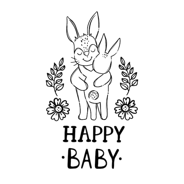 Happybaby かわいいウサギの動物 手書きテキストモノクロ手描きクリップアートイラストセット プレミアムベクター