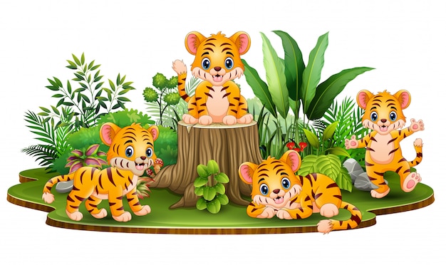 Download Premium Vector | Happy baby tiger group with green plants