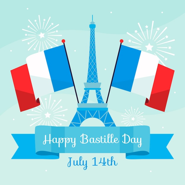 Free Vector Happy Bastille Day With Eiffel Tower And Flags