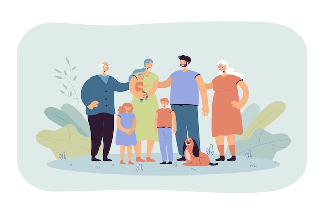 一緒に立って フラットなイラストを笑顔で幸せな大家族 漫画の父 母 祖母 祖父 子供と犬 無料のベクター