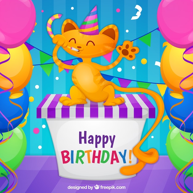 Free Vector | Happy birthday background with cat and balloons