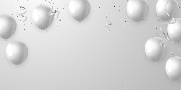 お誕生日おめでとう風船紙吹雪と白いお祝いの背景 プレミアムベクター