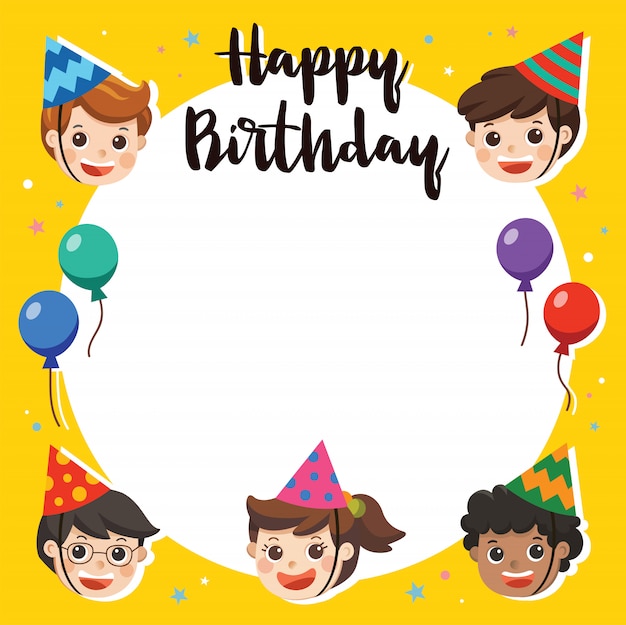 プレミアムベクター お誕生日おめでとうございます 面白いキャラクター 誕生日 パーティーの招待状カードテンプレートに挨拶する美しい子供たち イラストカード