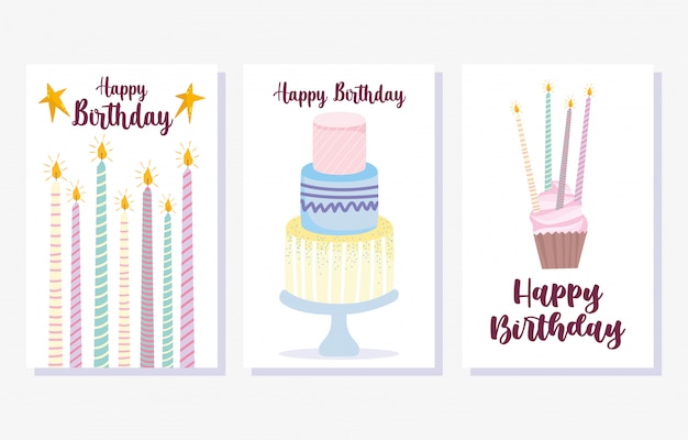 Premium Vector Happy Birthday Cake Burning Candles Cupcake Cartoon Celebration Decoration Card